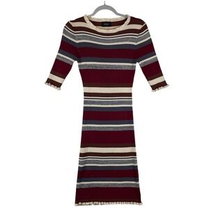Storia Womens Ribbed Knit Striped Bodycon Dress Burgundy Cream SD1661 Small